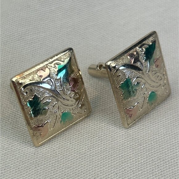 Vintage Gold Tone Square Cufflinks Leaf Design 80s 90s Nature - Picture 2 of 6